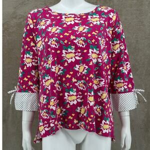 Kim Rogers Top Womens 1X Pink Floral Curvy Polka Dot Bow Cuffs Feminine Boho‎